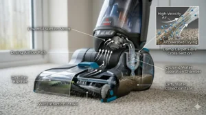 A high-detail technical diagram illustrating how powerful suction creates accelerated airflow through a Bissell machine head to rapidly dry damp carpet fibres.