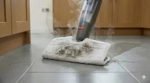 A Bissell steam mop lifting dark dirt and stubborn stains from a light-coloured floor using steam.