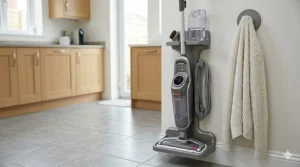 A Bissell steam mop stored neatly on a wall mount in a utility room next to a knitted jumper.