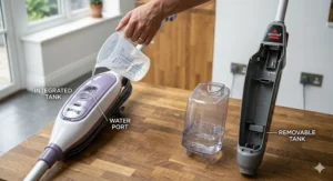 Alt text for image 3: A close-up showing the removable water tank on a Bissell steam mop versus the integrated tank on a Shark model.