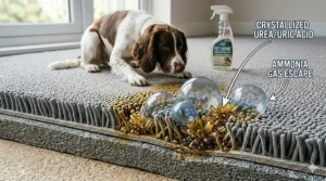 Scientific illustration showing the transition of crystallised urea and uric acid into neutralised fragments after applying a professional carpet shampoo.