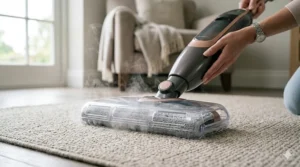 Using the carpet glider attachment on a 2 in 1 steam mop to refresh and deodorise a living room rug.