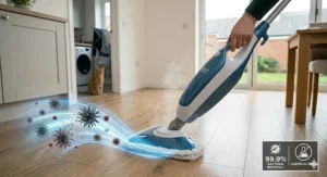 Graphic showing 99.9% bacteria removal using only steam, highlighting a chemical-free environment for pets and children on laminate floors.