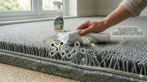 Final illustration showing the successful capture and removal of fragmented urine molecules, leaving the carpet fibres clean and fresh.