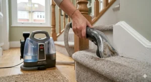 A person using a narrow crevice tool to deep clean the edges of carpeted stairs in a British semi-detached house.