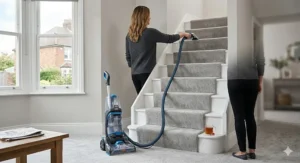 A Vax carpet cleaner positioned at the foot of a staircase with the long stretch hose being used to clean the grey carpeted steps.