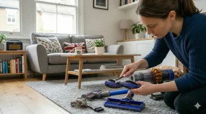 A soft, dry microfibre cloth being used to wipe the cliff sensors and charging contacts on the underside of a robot vacuum cleaner.