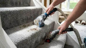 A person using a handheld motorised attachment to clean carpeted stairs, showcasing the hose reach and tools of both Vax and Bissell cleaners.