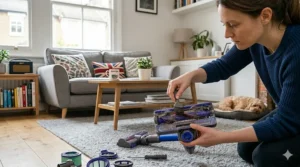 A demonstration of checking a flexible vacuum hose for blockages by dropping a small object through to ensure a clear airflow path.