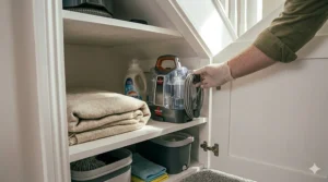 A compact carpet cleaner being stored neatly on a shelf inside a typical British under-stairs storage cupboard.