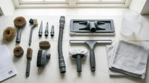 A compact and lightweight handheld steam cleaner stored neatly inside a kitchen cupboard, showing its portable size.