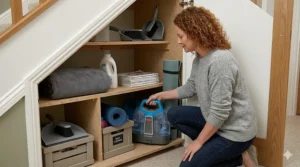 A photorealistic photograph of a compact spot cleaner being stored neatly on a shelf inside a typical British under-stairs cupboard.