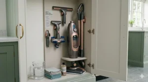 A lightweight 2 in 1 steam mop folded or stored neatly in a narrow UK utility cupboard or under-stairs space.