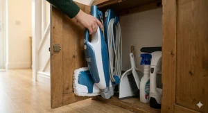 An upright steam mop stored neatly in a compact British utility cupboard or under-stairs storage space.