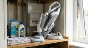 A folded, lightweight steam mop stored neatly in a typical British utility cupboard alongside cleaning supplies and a UK plug.