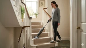 A photorealistic illustration showing the identical dark cordless steam mop, with its handle retracted, stored compactly upright inside a neat British utility cupboard, nestled alongside a broom, dustpan, and specific UK-market cleaning sprays.