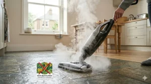 A photorealistic close-up illustration of the specific cordless steam mop head on a textured slate floor, showing a dense cloud of steam enveloping bacteria and germs, indicating 99.9% sanitisation without chemicals.
