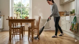 A photorealistic illustration showing a woman in a light-filled British kitchen effortlessly manoeuvring a cordless steam mop around dining table and chair legs, demonstrating the freedom from cords.
