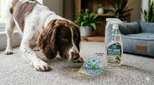 A cross-section illustration showing a pet urine neutraliser liquid penetrating deep into carpet fibres and underlay to target hidden odours.
