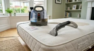 Using a steam-compatible upholstery cleaner to sanitise and refresh a double mattress.