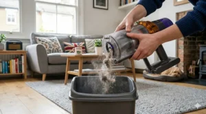 A close-up of a hand pressing the release button to empty dust and debris from a bagless vacuum cleaner canister into a kitchen bin.