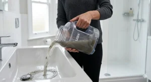 Emptying the dirty water tank of a Vax carpet washer into a white sink, showing the dark, extracted dirt and debris.