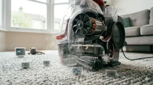 A carpet washer in operation with digital sensors displaying low moisture levels to highlight fast drying times on a plush rug.