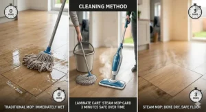 Diagram comparing the quick evaporation of a steam mop versus the lingering moisture of a traditional mop and bucket on laminate wood.