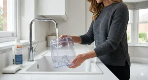 A close-up of a person filling a Vax clean water tank at a modern kitchen sink with warm water and Vax cleaning solution.