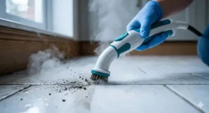Close-up of a handheld steam cleaner removing grease and stubborn grime from kitchen tile grout.