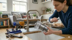 An internal view of an upright vacuum cleaner showing a rubber drive belt being inspected for cracks or signs of wear.