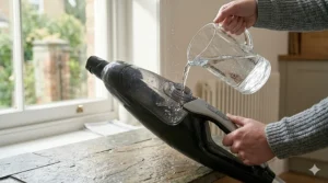 An illustration of a person easily carrying a lightweight cordless steam mop up a carpeted staircase to clean an upstairs bathroom.