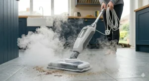 The detachable handheld component of a modern steam mop resting on a tiled floor, highlighting its compact and lightweight design.