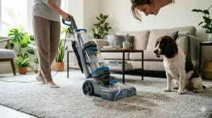 A Springer Spaniel puppy sitting on a beige carpet next to a fresh urine patch, highlighting the immediate need for a pet-specific carpet cleaner.