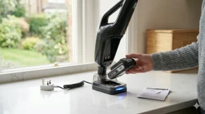 A photorealistic close-up illustration of a hand wearing a grey knitted cuff sliding a removable lithium-ion battery back into its charging dock, placed on a kitchen worktop.