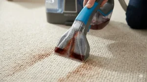 A close-up, top-down photograph capturing a spot cleaner nozzle as it actively suctions a red wine stain from a light beige textured carpet.
