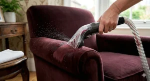 Close-up of a high-suction upholstery cleaner lifting a red wine stain from a velvet armchair.