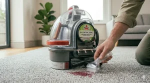 A handheld carpet cleaning attachment being used with specialised formula to lift a red wine stain from a light grey carpet.