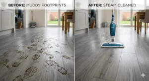 Before and after illustration showing a steam mop removing muddy footprints from a grey laminate hallway floor.