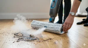 Close-up of the Shark steam blaster feature tackling stubborn grime and marks on kitchen tiles.
