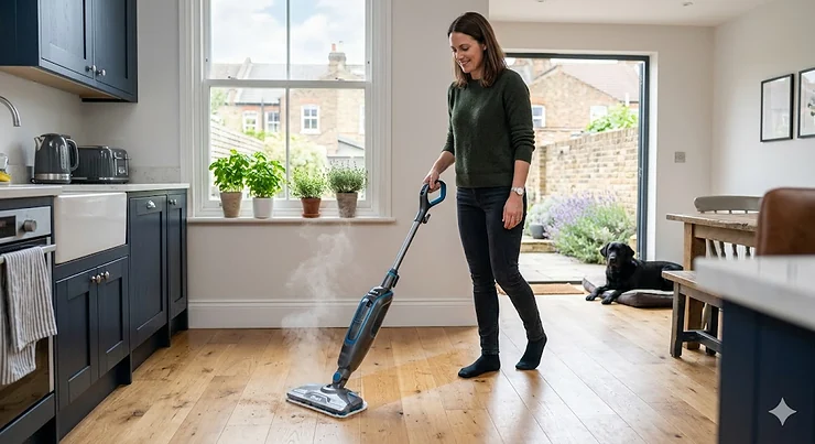 A Shark steam mop being used to clean a modern wooden kitchen floor in a UK home. Shark steam mop