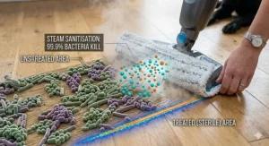 Illustration showing the Shark steam mop sanitising floors, removing 99.9% of bacteria without harsh chemicals.