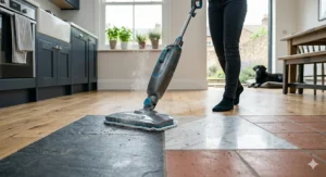 A graphic showing the Shark steam mop is safe for laminate, stone, marble, and tile flooring.