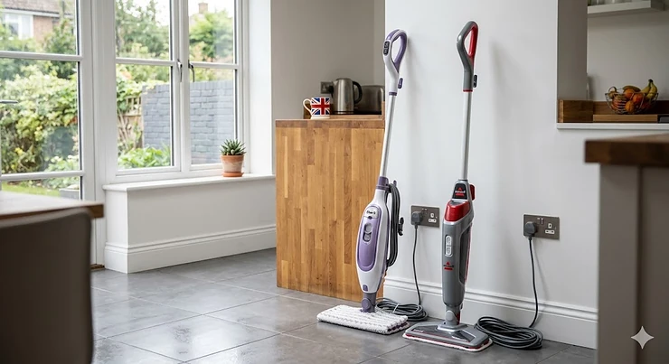 Alt text for image 1: A side-by-side comparison of the Shark Klik n’ Flip and the Bissell Select Steam Mop on a grey tiled kitchen floor. Shark vs Bissell steam mop
