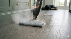 A 2 in 1 steam mop sanitising sealed laminate flooring in a hallway, showing the swivel floorhead in action.