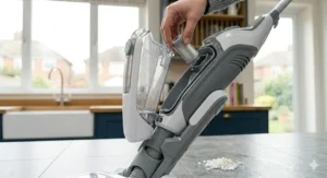 Close-up of a user inserting an anti-calc water filter cartridge into a steam mop to protect against UK hard water limescale.
