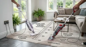 Alt text for image 7: Illustration comparing the reach of the power cables for Shark and Bissell mops in a standard UK living room.