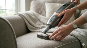 The handheld component of a 2 in 1 steam mop being used with an upholstery tool to clean sofa cushions.