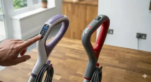 Alt text for image 4: Digital steam control buttons on a Shark steam mop showing low, medium, and high settings for different floor types.