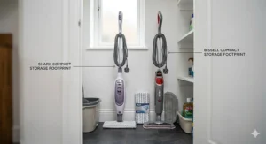 Alt text for image 9: Both steam mops standing upright in a compact UK utility cupboard showing their storage footprint.